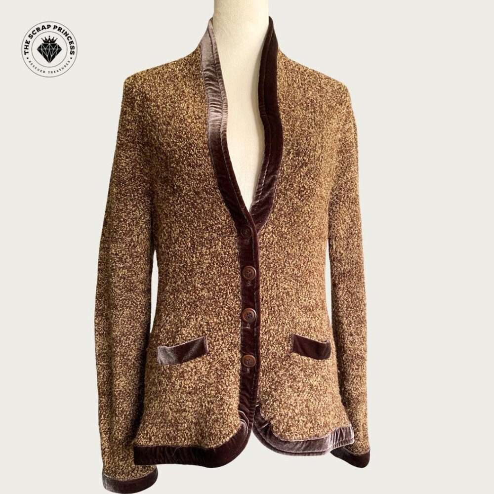 Anthropologie HWR Monogram Brown Boucle Wool Blend Velvet Button Cardigan M